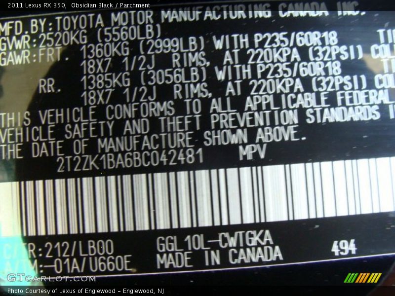 Obsidian Black / Parchment 2011 Lexus RX 350