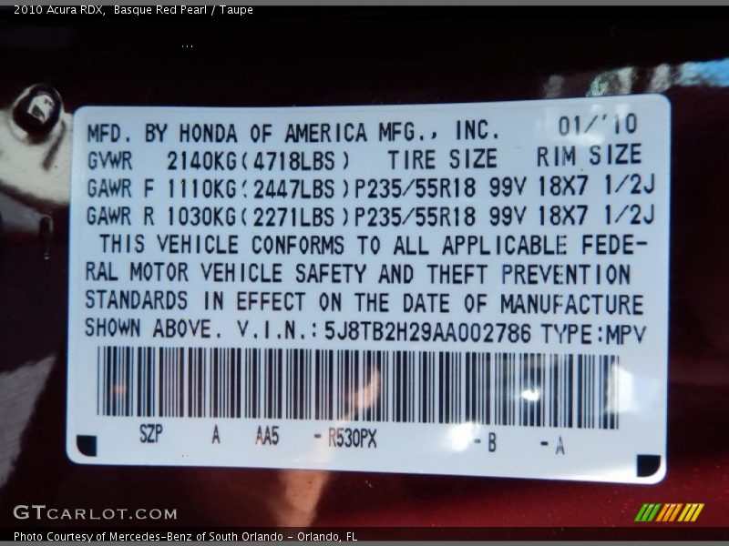 2010 RDX  Basque Red Pearl Color Code R530PX