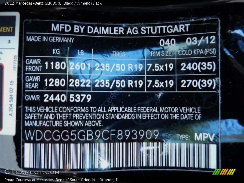 Black / Almond/Black 2012 Mercedes-Benz GLK 350