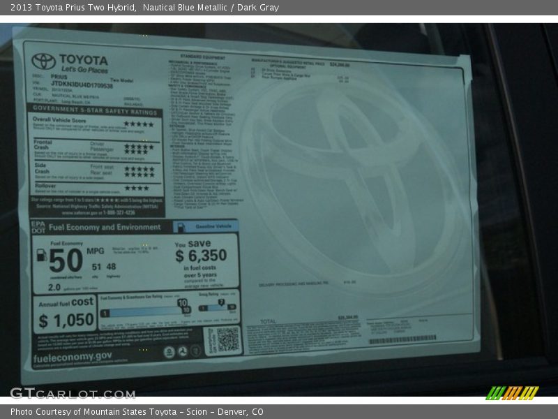 Nautical Blue Metallic / Dark Gray 2013 Toyota Prius Two Hybrid