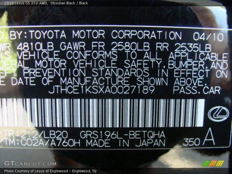 Obsidian Black / Black 2010 Lexus GS 350 AWD