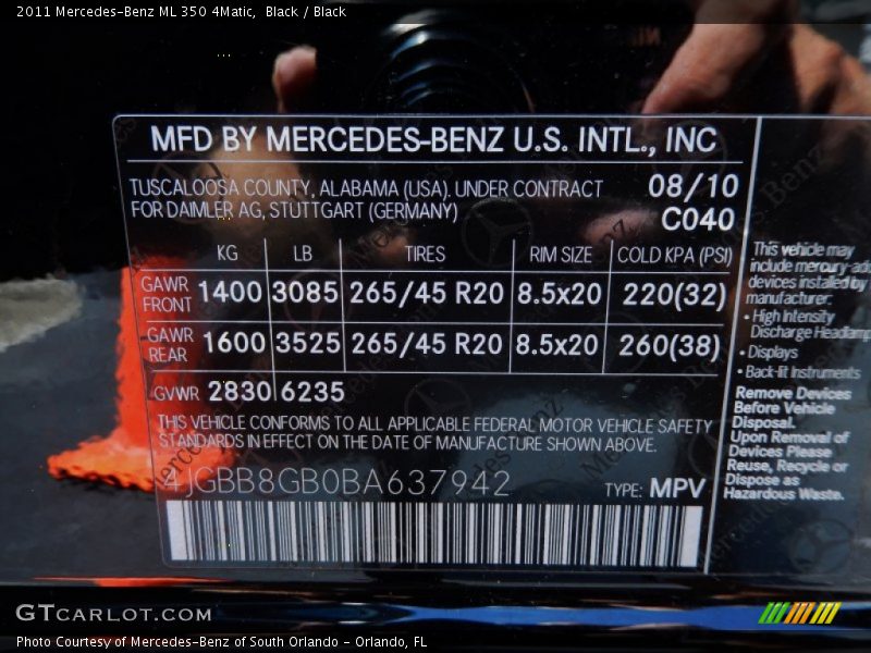 Black / Black 2011 Mercedes-Benz ML 350 4Matic