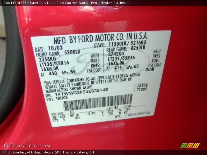 2004 F350 Super Duty Lariat Crew Cab 4x4 Dually Red Color Code F1