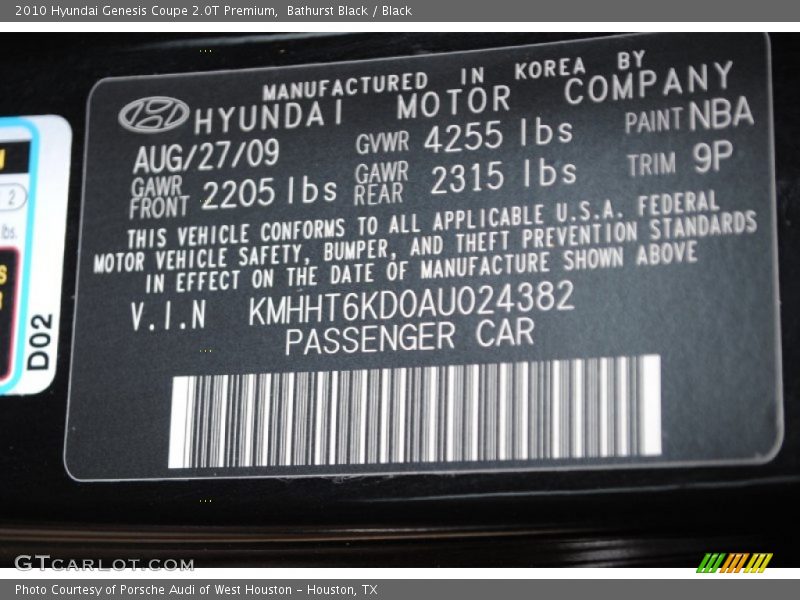 Bathurst Black / Black 2010 Hyundai Genesis Coupe 2.0T Premium
