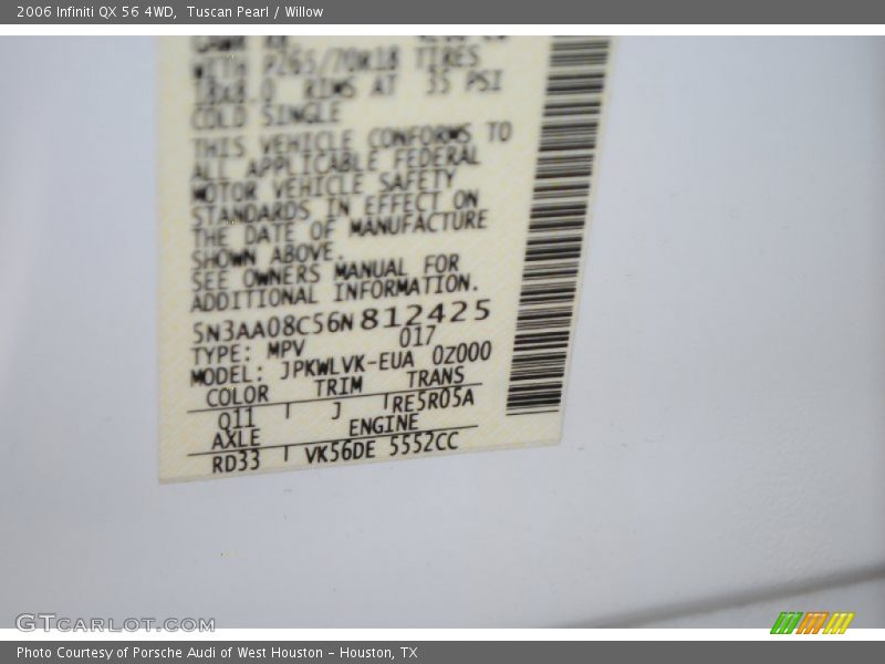 2006 QX 56 4WD Tuscan Pearl Color Code Q11