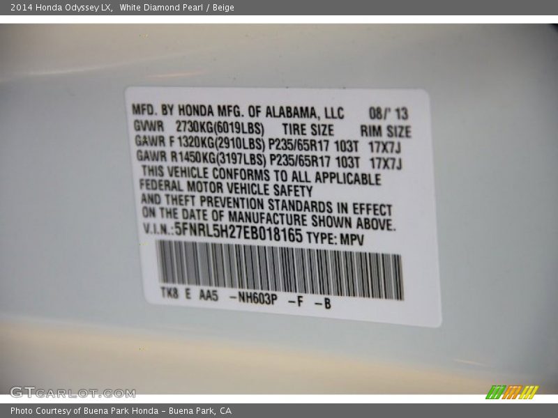 White Diamond Pearl / Beige 2014 Honda Odyssey LX
