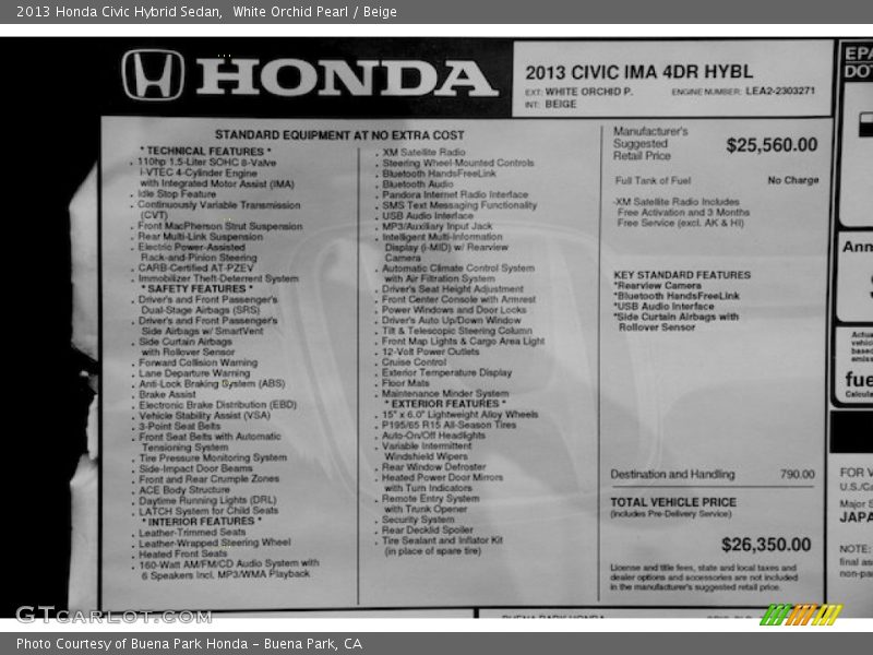  2013 Civic Hybrid Sedan Window Sticker