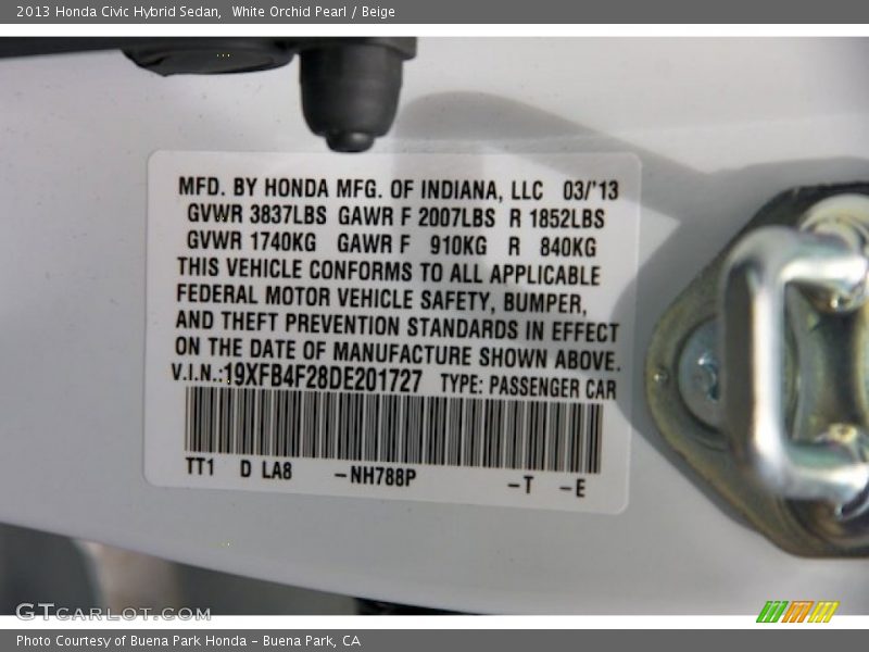 2013 Civic Hybrid Sedan White Orchid Pearl Color Code NH788P