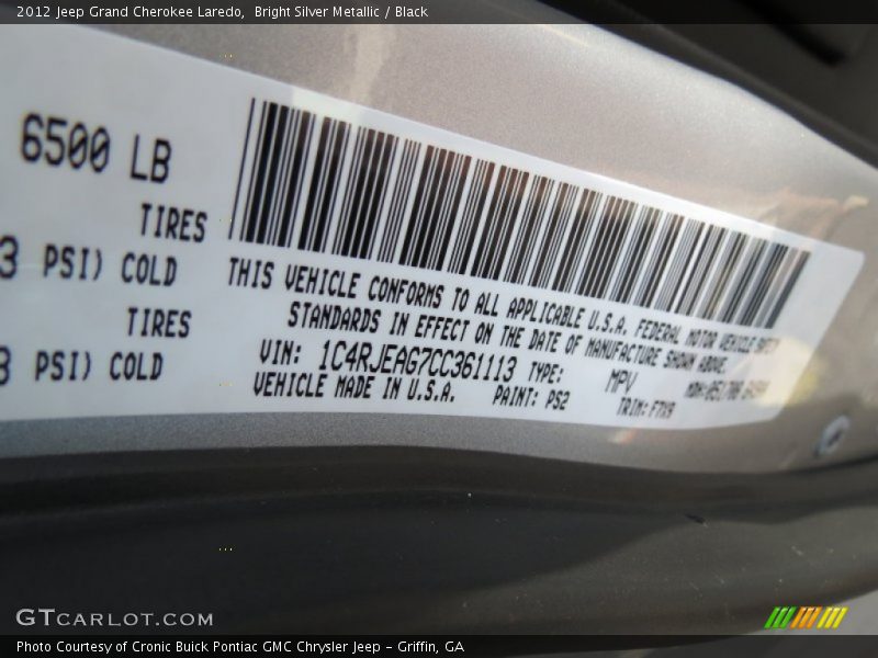 Bright Silver Metallic / Black 2012 Jeep Grand Cherokee Laredo