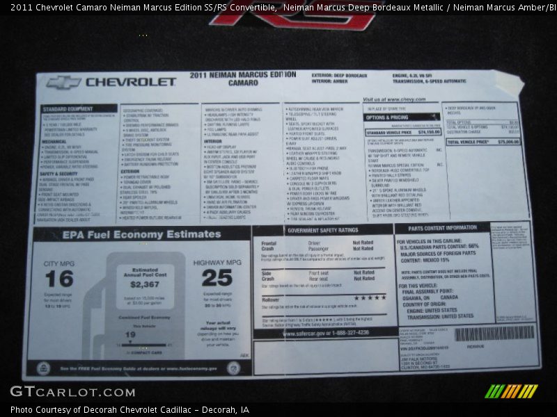  2011 Camaro Neiman Marcus Edition SS/RS Convertible Window Sticker