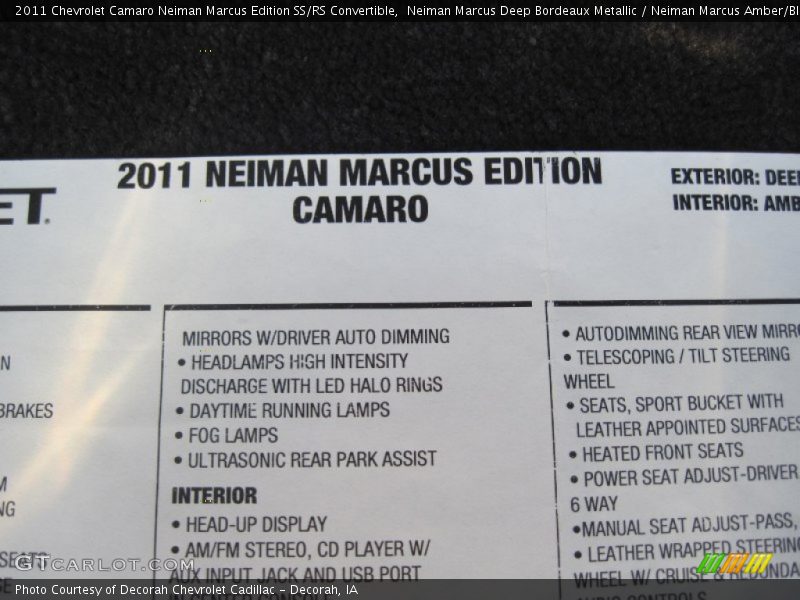  2011 Camaro Neiman Marcus Edition SS/RS Convertible Window Sticker