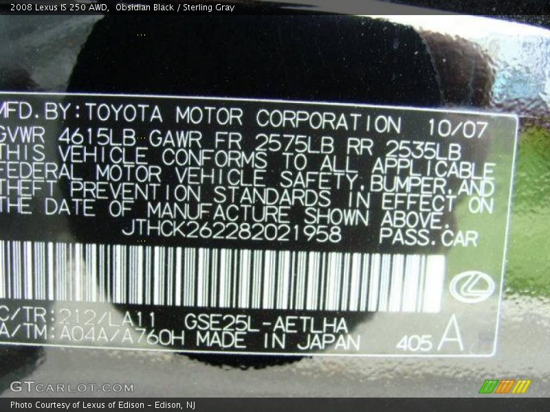 Obsidian Black / Sterling Gray 2008 Lexus IS 250 AWD