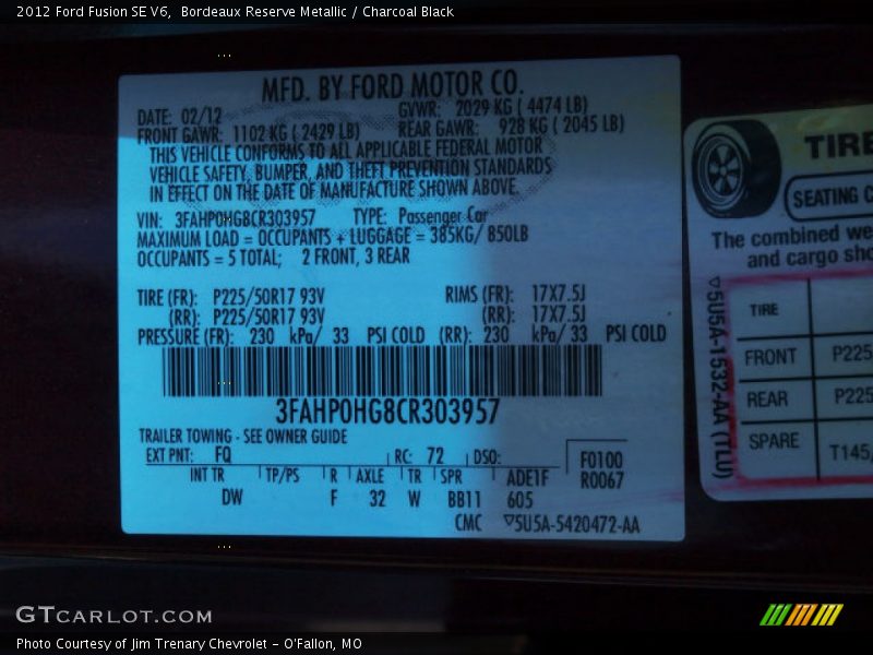 Bordeaux Reserve Metallic / Charcoal Black 2012 Ford Fusion SE V6