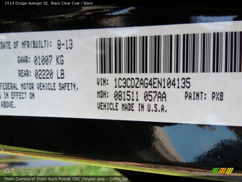 2014 Avenger SE Black Clear Coat Color Code PX8