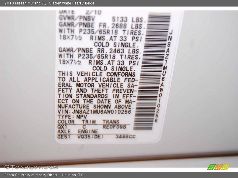 Glacier White Pearl / Beige 2010 Nissan Murano SL