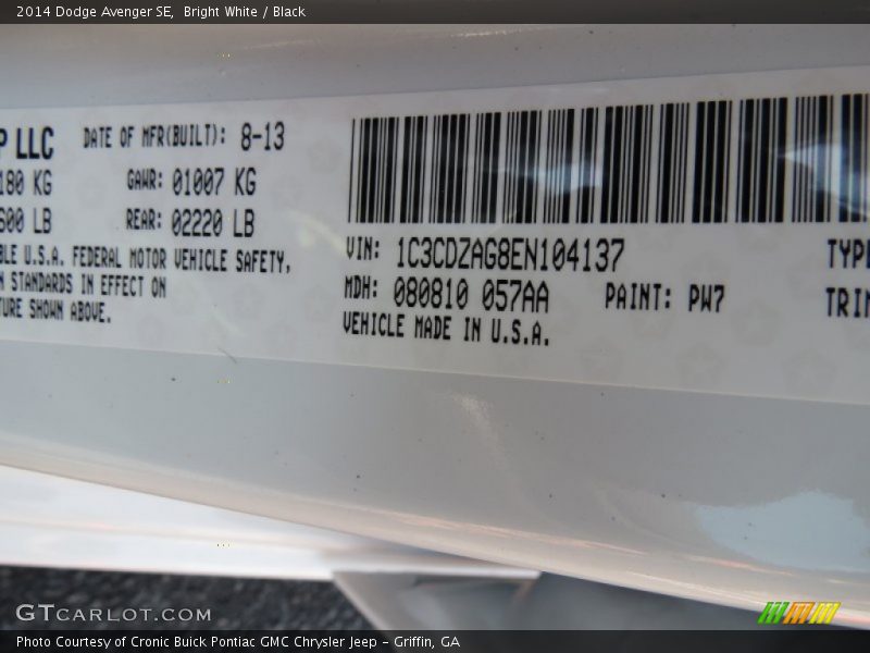 2014 Avenger SE Bright White Color Code PW7
