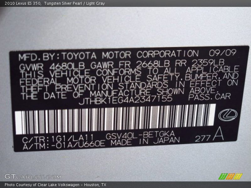 Tungsten Silver Pearl / Light Gray 2010 Lexus ES 350