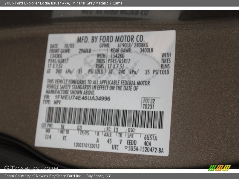 2006 Explorer Eddie Bauer 4x4 Mineral Grey Metallic Color Code TK