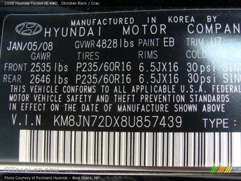 Obsidian Black / Gray 2008 Hyundai Tucson SE 4WD
