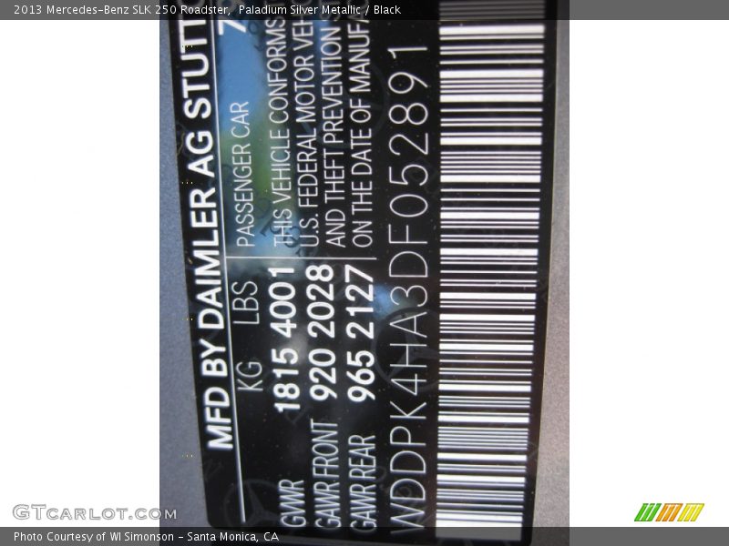 Paladium Silver Metallic / Black 2013 Mercedes-Benz SLK 250 Roadster