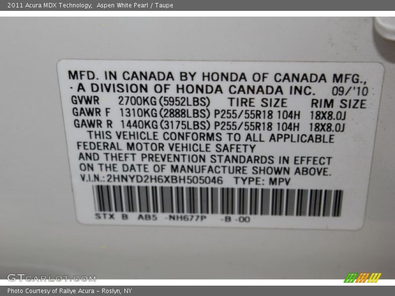 Aspen White Pearl / Taupe 2011 Acura MDX Technology