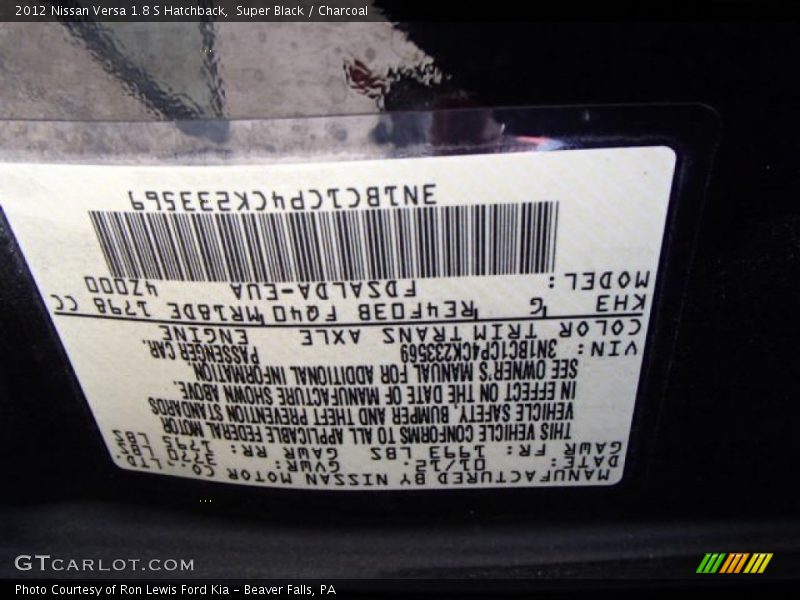 Super Black / Charcoal 2012 Nissan Versa 1.8 S Hatchback