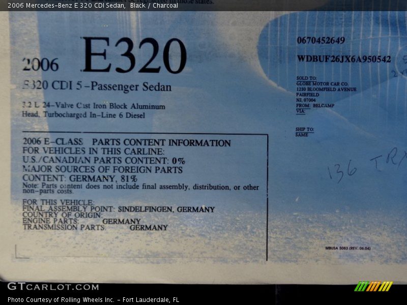  2006 E 320 CDI Sedan Window Sticker