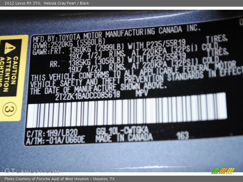 Nebula Gray Pearl / Black 2012 Lexus RX 350
