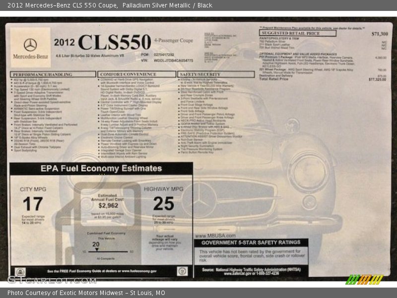  2012 CLS 550 Coupe Window Sticker