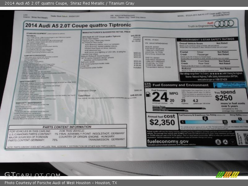  2014 A5 2.0T quattro Coupe Window Sticker