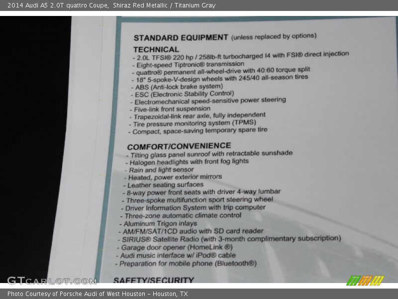  2014 A5 2.0T quattro Coupe Window Sticker