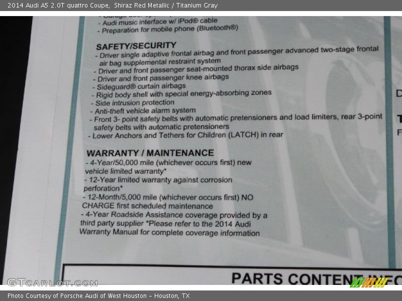  2014 A5 2.0T quattro Coupe Window Sticker