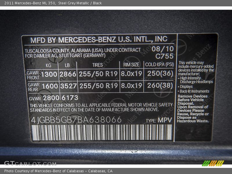 Steel Grey Metallic / Black 2011 Mercedes-Benz ML 350