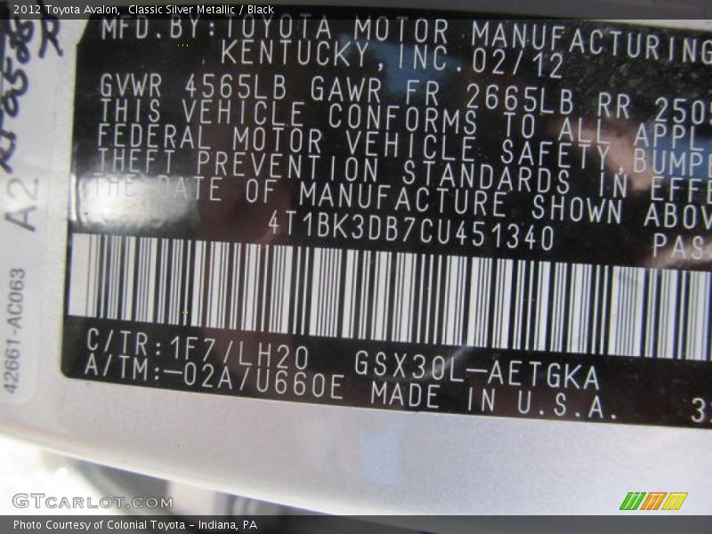 Classic Silver Metallic / Black 2012 Toyota Avalon