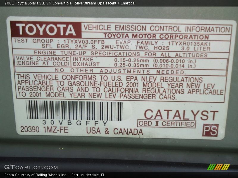 Info Tag of 2001 Solara SLE V6 Convertible