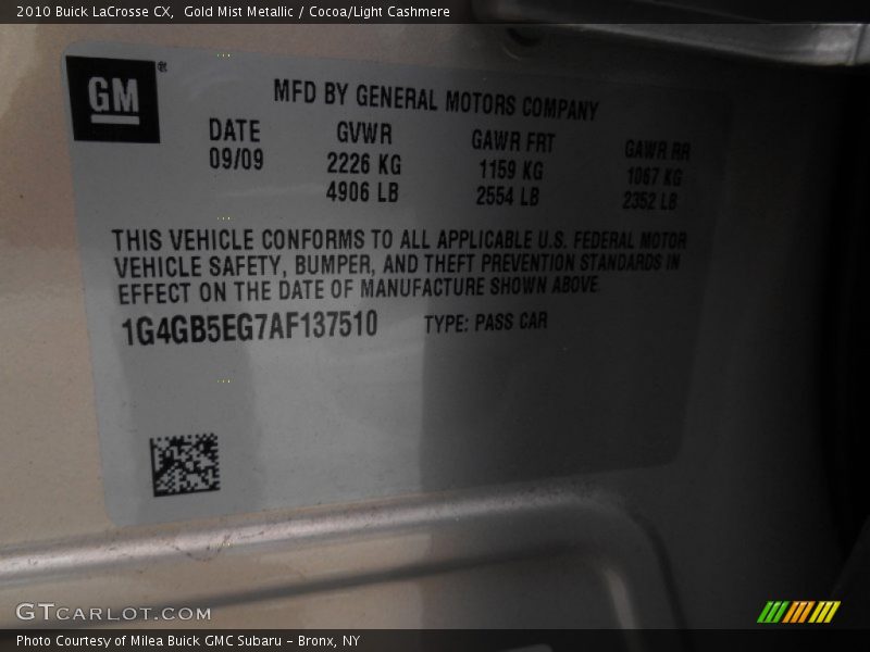 Gold Mist Metallic / Cocoa/Light Cashmere 2010 Buick LaCrosse CX