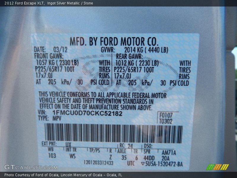 Ingot Silver Metallic / Stone 2012 Ford Escape XLT