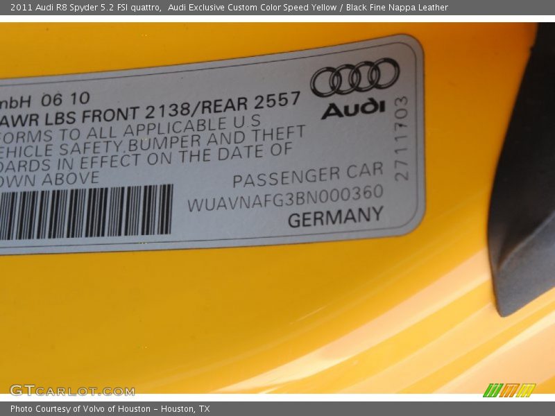 Info Tag of 2011 R8 Spyder 5.2 FSI quattro