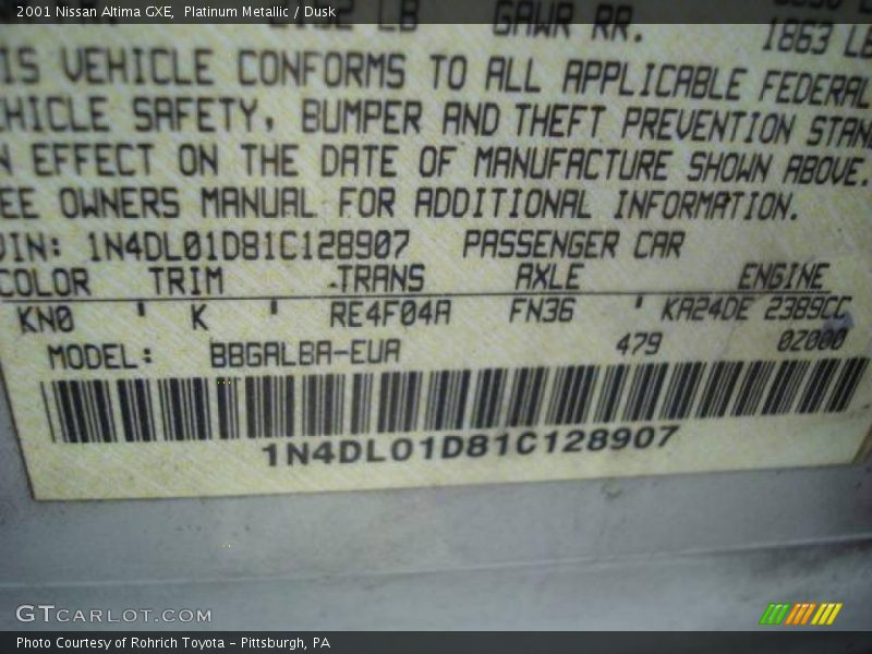 Platinum Metallic / Dusk 2001 Nissan Altima GXE