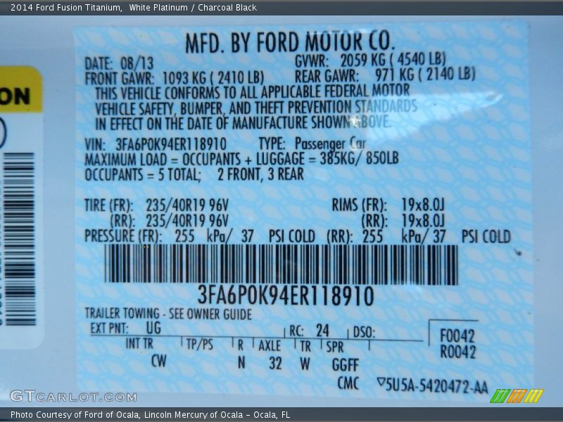 2014 Fusion Titanium White Platinum Color Code UG