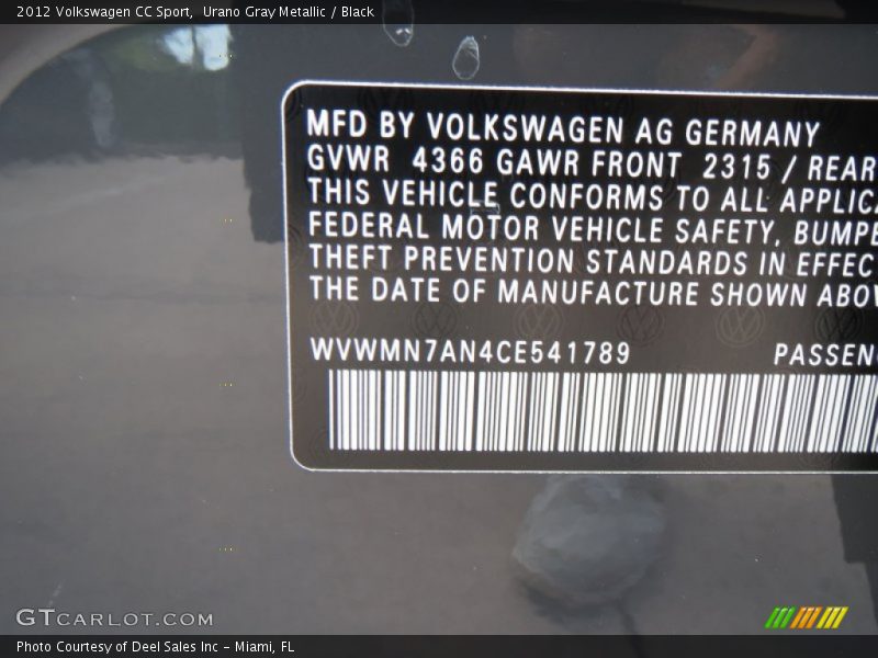 Urano Gray Metallic / Black 2012 Volkswagen CC Sport