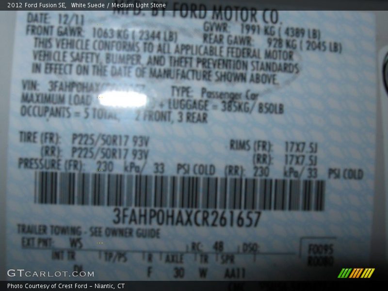 White Suede / Medium Light Stone 2012 Ford Fusion SE