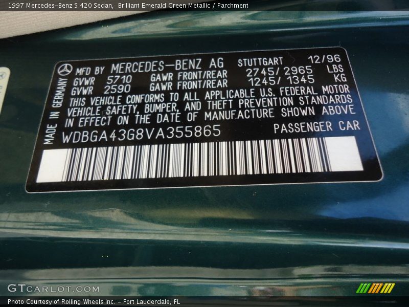 Info Tag of 1997 S 420 Sedan