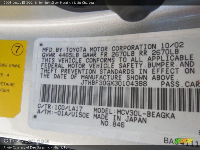 Millennium Silver Metallic / Light Charcoal 2003 Lexus ES 300