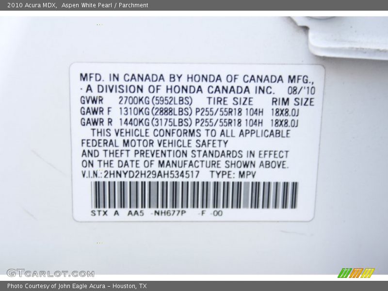 Aspen White Pearl / Parchment 2010 Acura MDX