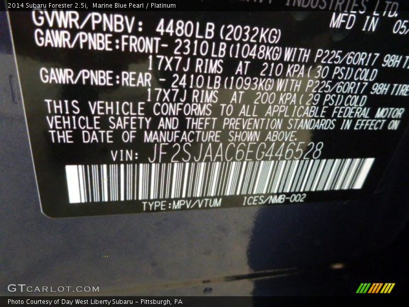 Marine Blue Pearl / Platinum 2014 Subaru Forester 2.5i