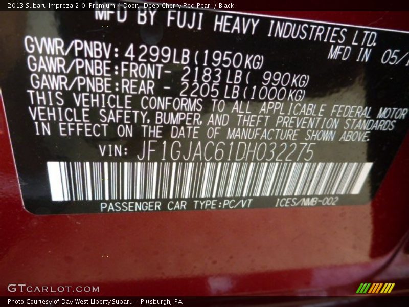 Deep Cherry Red Pearl / Black 2013 Subaru Impreza 2.0i Premium 4 Door