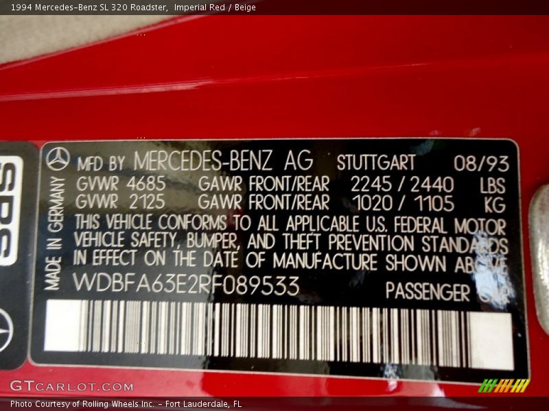 Info Tag of 1994 SL 320 Roadster