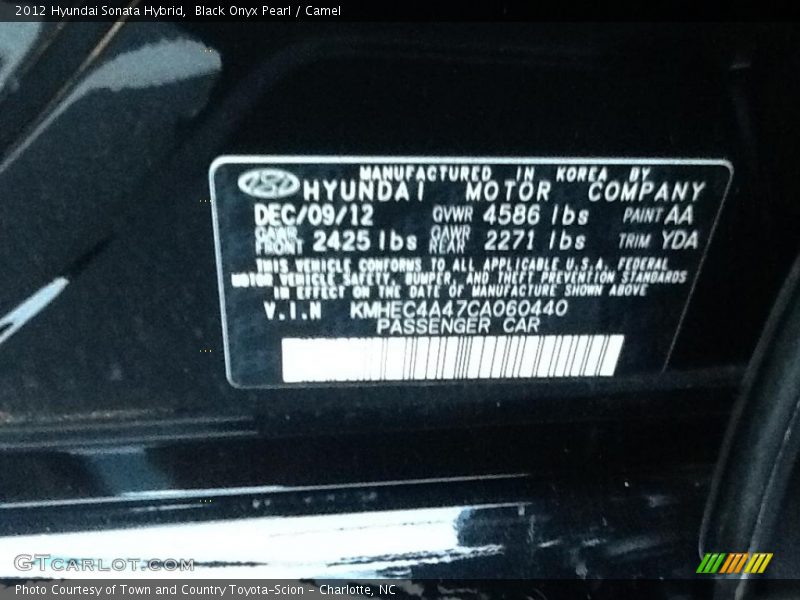 Black Onyx Pearl / Camel 2012 Hyundai Sonata Hybrid
