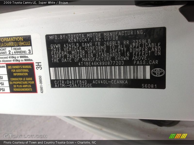 Super White / Bisque 2009 Toyota Camry LE